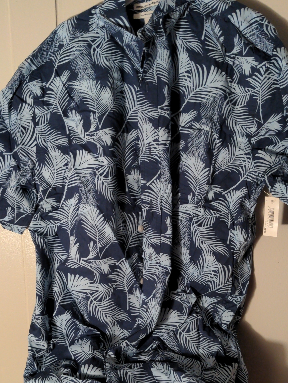 Amazon Essentials Navy Blue and Light Blue Palm Print Button-Down Shirt